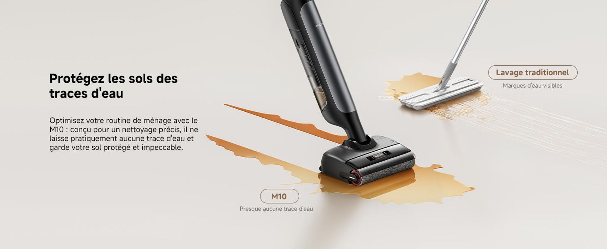 MOVA M10 Aspirateur laveur, ultra-léger 0,9 kg, design plat 180° avec rotation 90°, brosse double anti-enchevêtrement, puissance 18 kPa