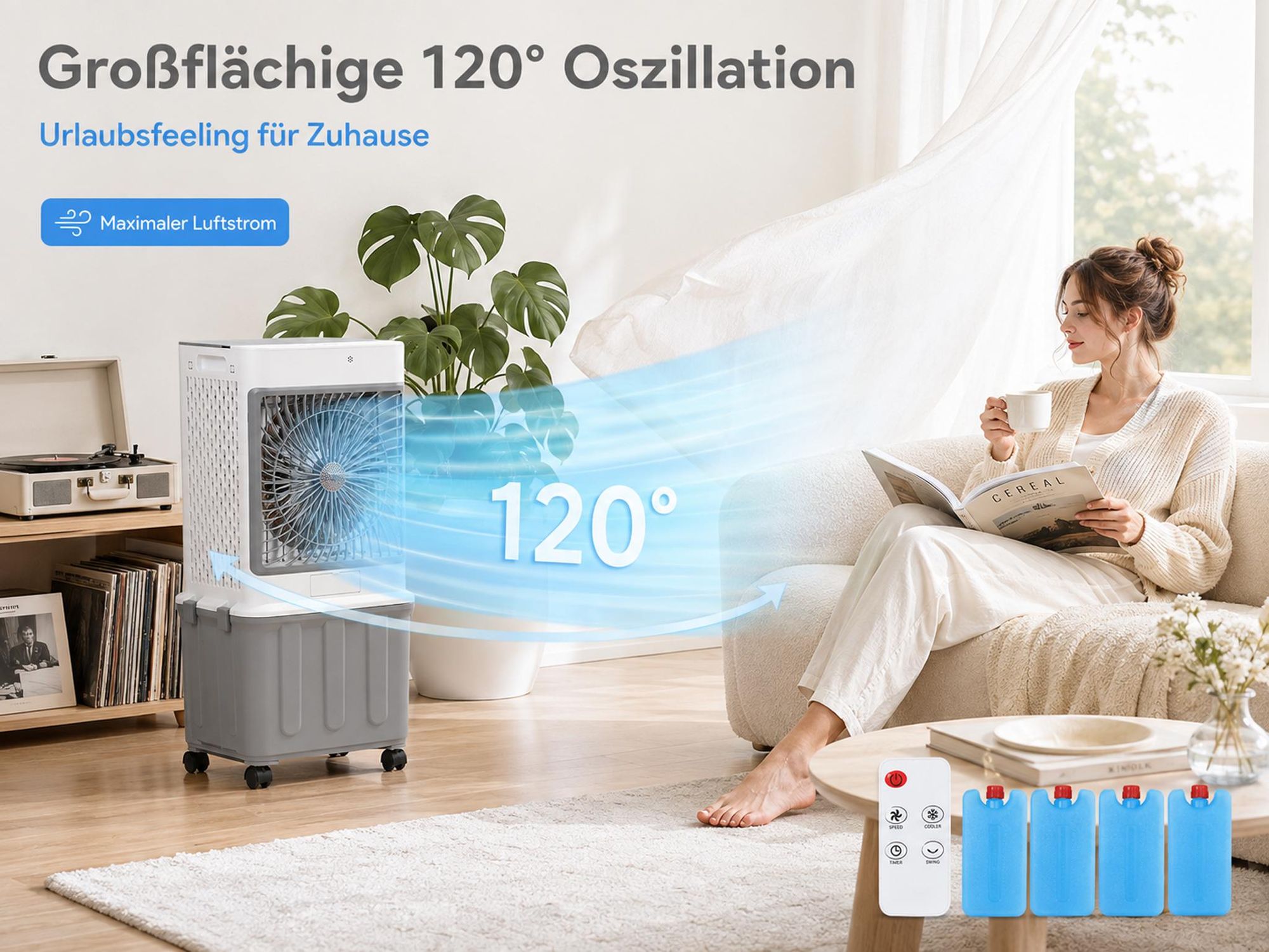 32L Klimagerät Mobil Ohne Abluftschlauch 70W Klimaanlage mit 4 Eisboxen 30H Laufzeit 30dB Leise Ventilator Mit Wasserkühlung Wohnung Zimmer Räume 85cm