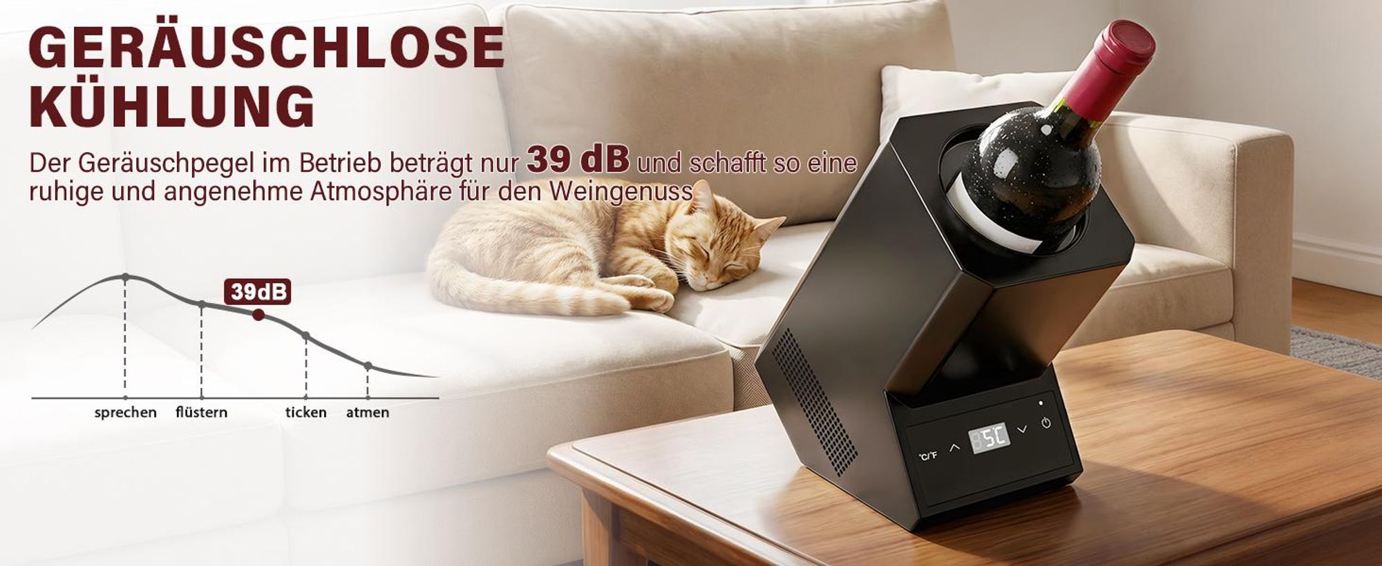 5-18°C Einstellbar Weinkühler Elektrisch, Touch Bedienung & 24H Dauerbetrieb Cooler Flaschenkühler Getränkekühler für Wein Sekt Champagner ohne Eis