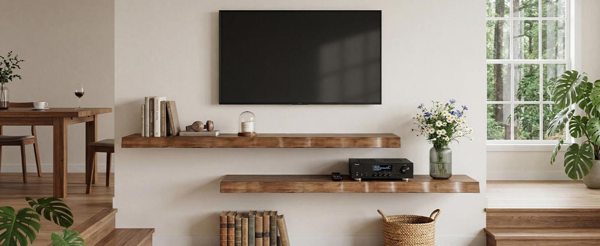 TV-Lowboard für Fernseher bis 65 Zoll, wandmontiertes TV-Regal aus Massivholz, Media-Konsole im Mid-Century-Modern-Stil, 160 cm L x 35 cm B, Braun