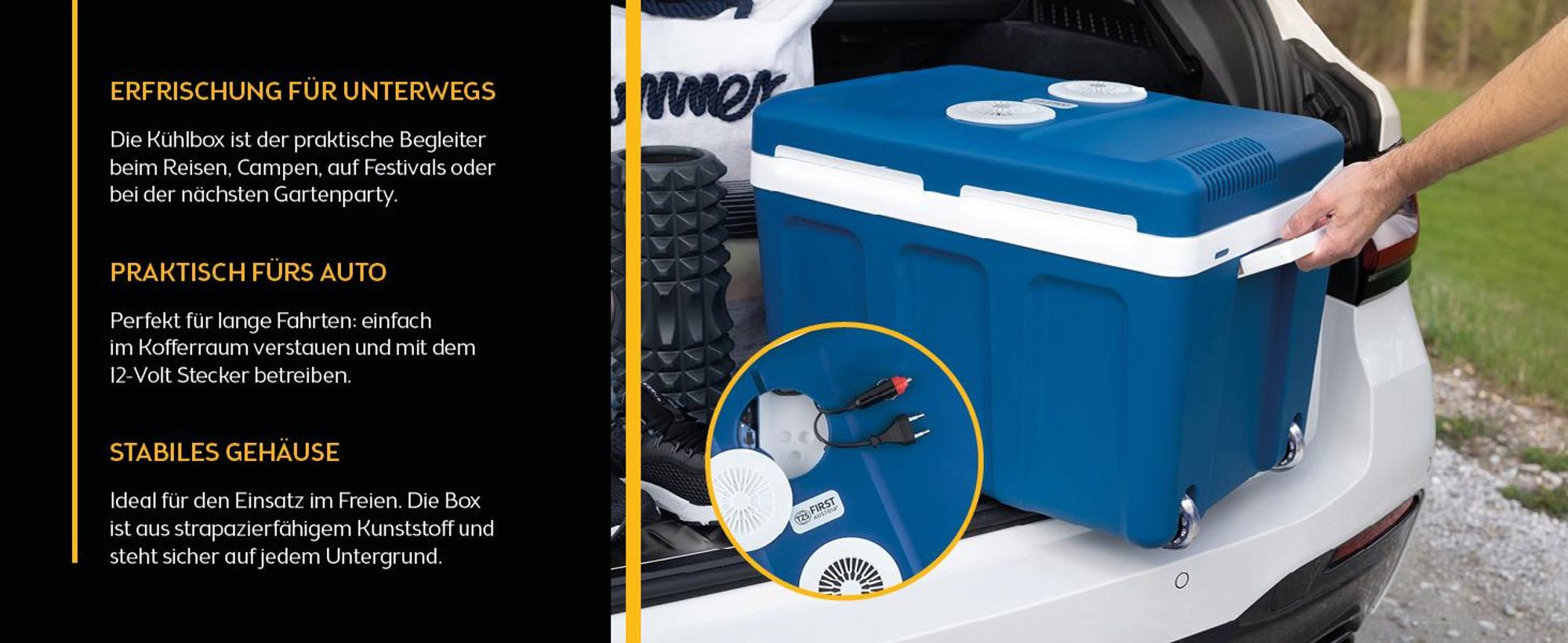 TZS First Austria - Kühlbox 45L elektrisch 12V 230V Anschluss für Auto & Steckdose - Thermoelektrisch - Blau