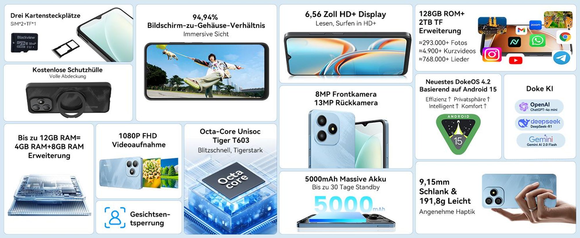 Blackview Wave 9C  6.56" Handy Ohne Vertrag, 12+128GB, 5000mAh, Dual SIM, Android 15, 1080P, Face ID, Fingerabdruck-Entsperrung