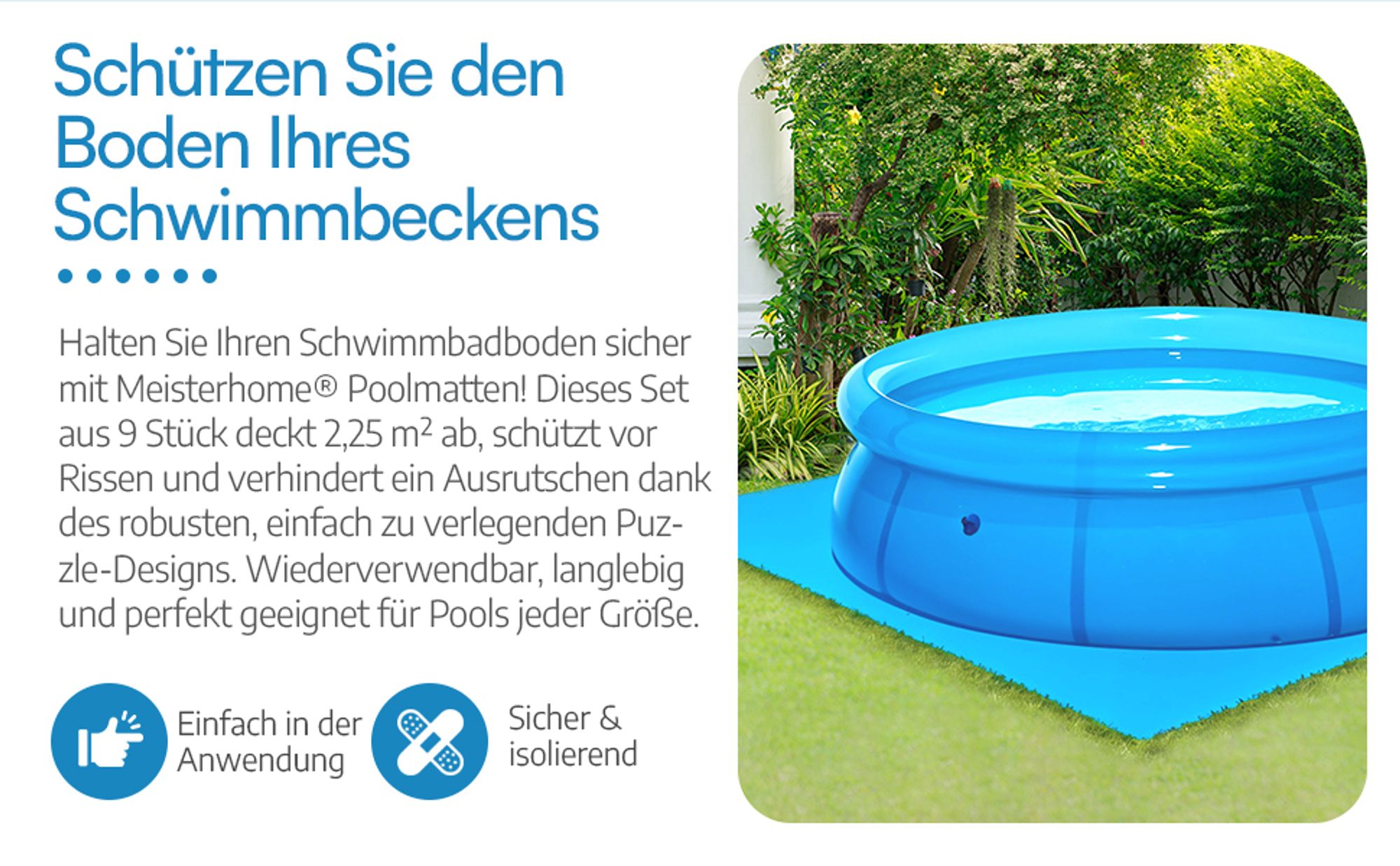 Meisterhome® Pool Matten 9 Stück à 50x50cm 2.25 m² Poolmatten Unterlegmatte Bodenschutzmatte für Pool und Planschbecken