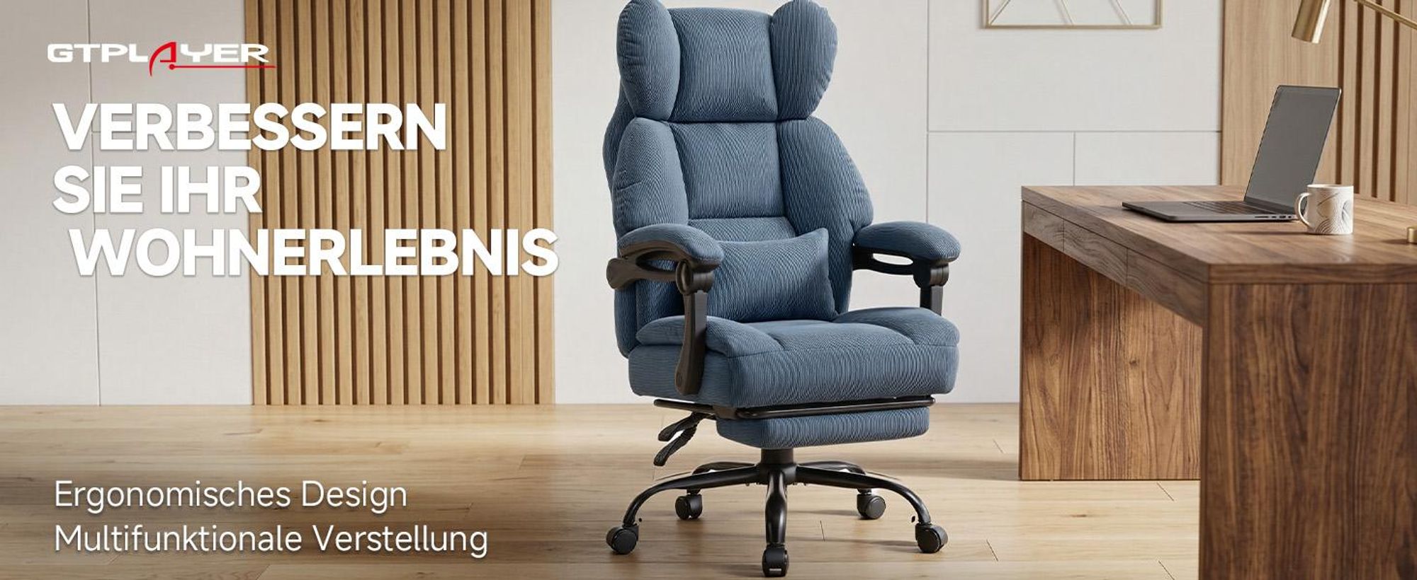 GTPLAYER Gaming Stuhl, Ergonomischer Bürostuhl mit Fußstütze und Lendenstütze, Hochlehner Chefsessel für Große, breiter Computersessel, Höhenverstellb