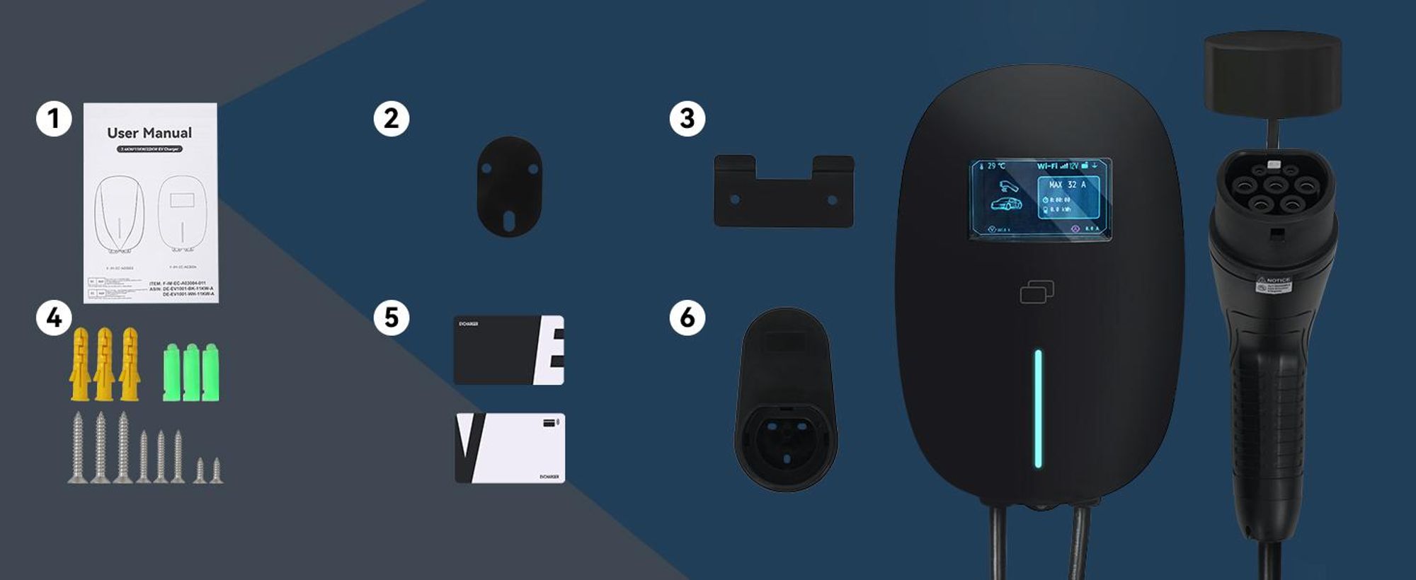 Puluomis Wallbox Ladestation 22kW Ladekabel 7m Typ 2 mit Halter,EV Ladegerät 3-phasig 6-32A einstellbar, IP65 mit Wlan & Bluetooth 24h Timer Schwarz