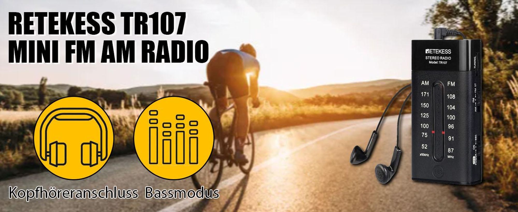 Retekess TR107 Tragbares mini Radio, FM AM-Taschenradio mit Kopfhörer, FM-Stereo, Tragbarer Radio, Transistorradio-Analog, Zeigerabstimmung, AAA-Batterie, zum Gehen, Joggen, Reisen (Schwarz)