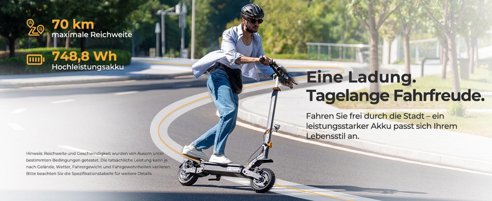 Ausom L1 ABE E-Scooter 500W 48V 15,6Ah 70 km Reichweite NFC Schloss E-ABS 10 Zoll Tubeless Reifen