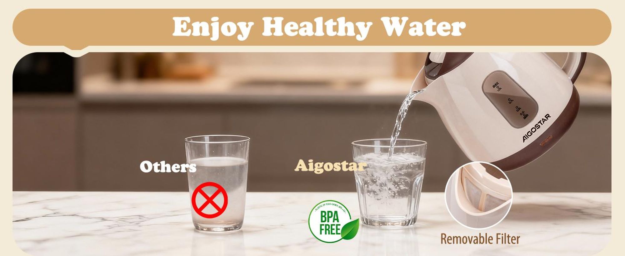 Aigostar Romeo 1100W Elektrischer Wasserkocher 1L, beige/braun, BPA-frei