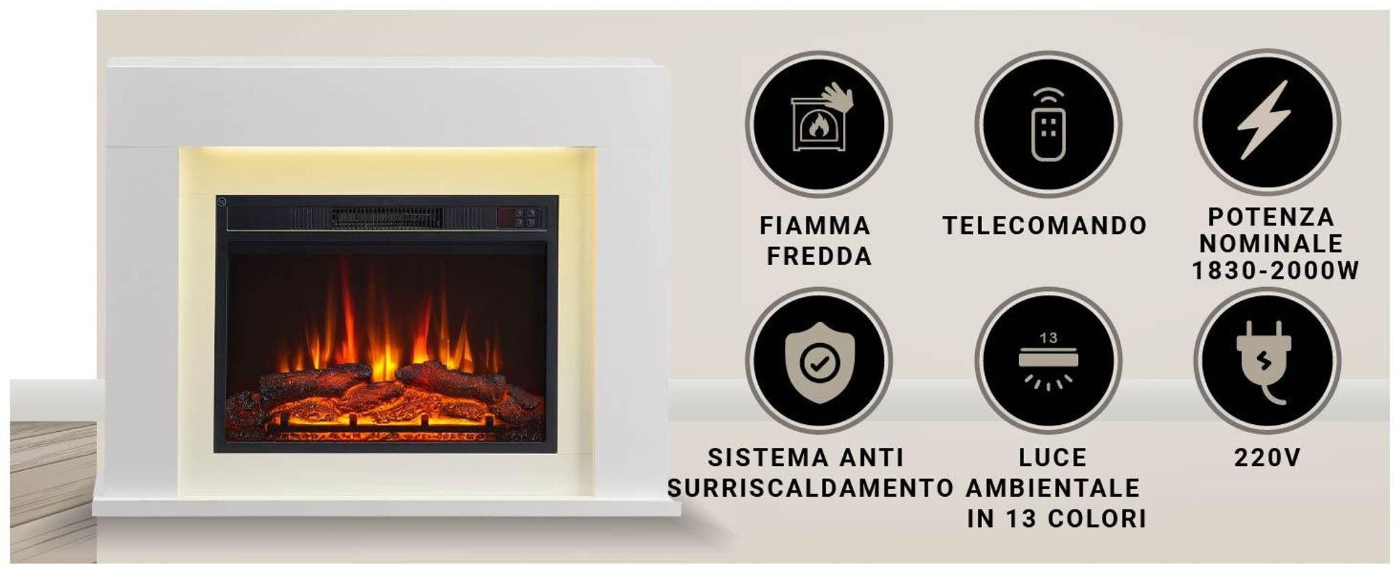 Camino elettrico BALDERIA Finn Design - Camino da appoggio - Bianco