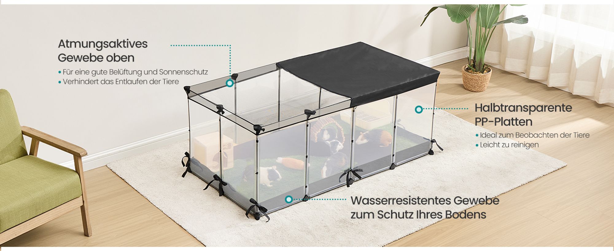 SONGMICS Kleintiergehege, atmungsaktiv, wasserresistentes Gewebe unten, Kaninchenstall