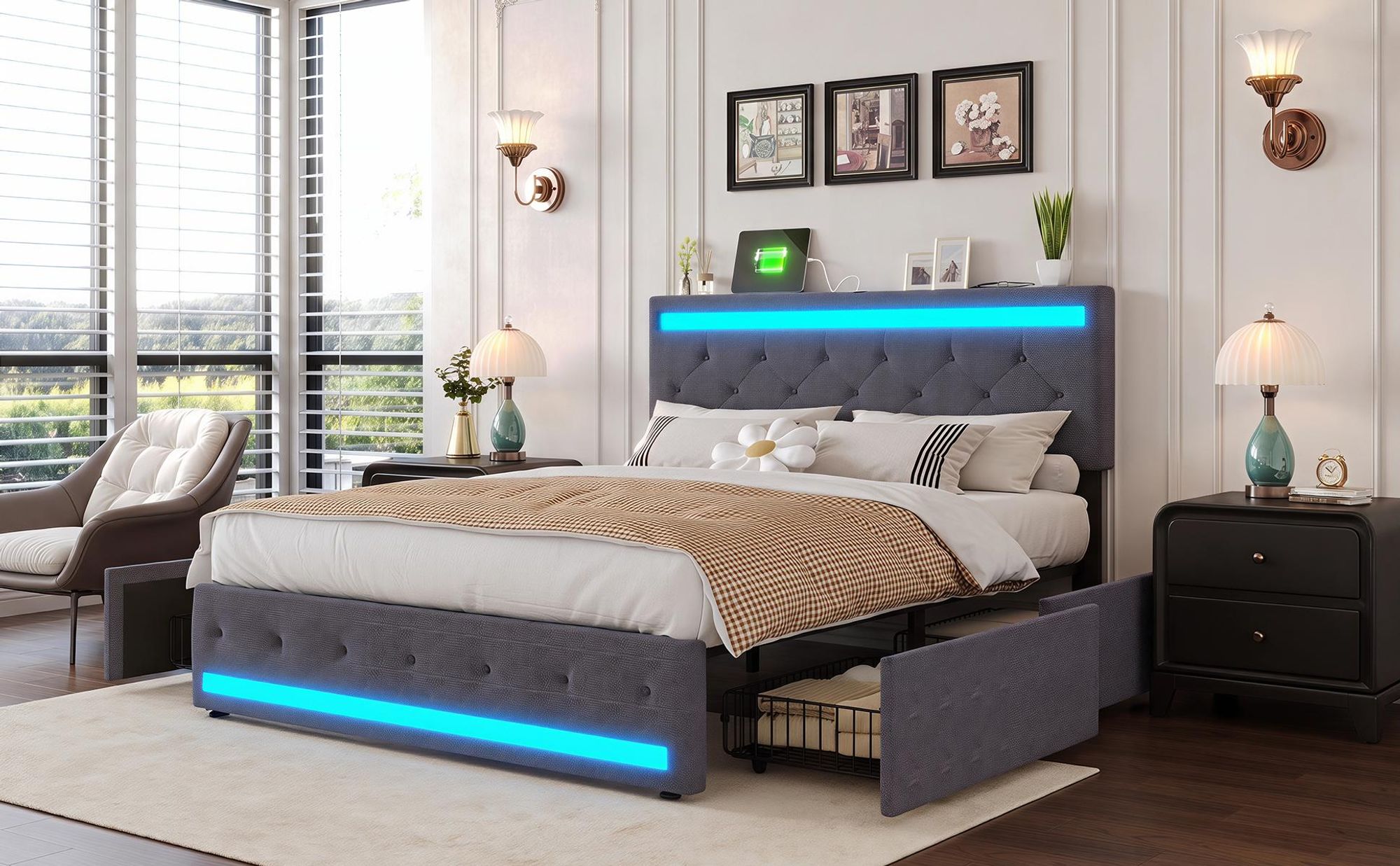 INONEFT Polsterbett 140x200 cm, Modern Boxspringbett mit LED und USB, Jugendbett mit 4 mit Stauraum Schubladen, Ohne Matratze, Leinen Dunkelgrau