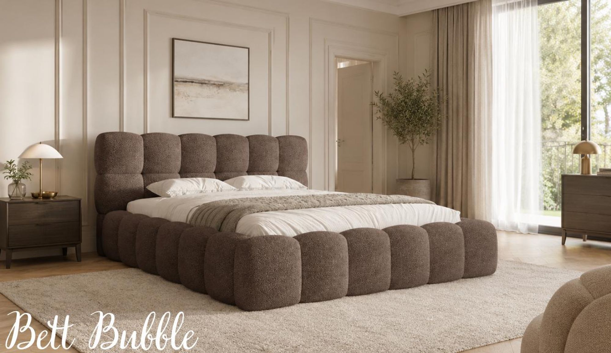MOEBLO Polsterbett Bubble Bett 19 – Doppelbett im Wolkenbett-Design mit Bouclé-Bezug, gepolstertem Kopfteil, Bettkasten, Gasfedermechanismus und Lattenrost - 160x200 cm - Terrakotta (Arena 09)