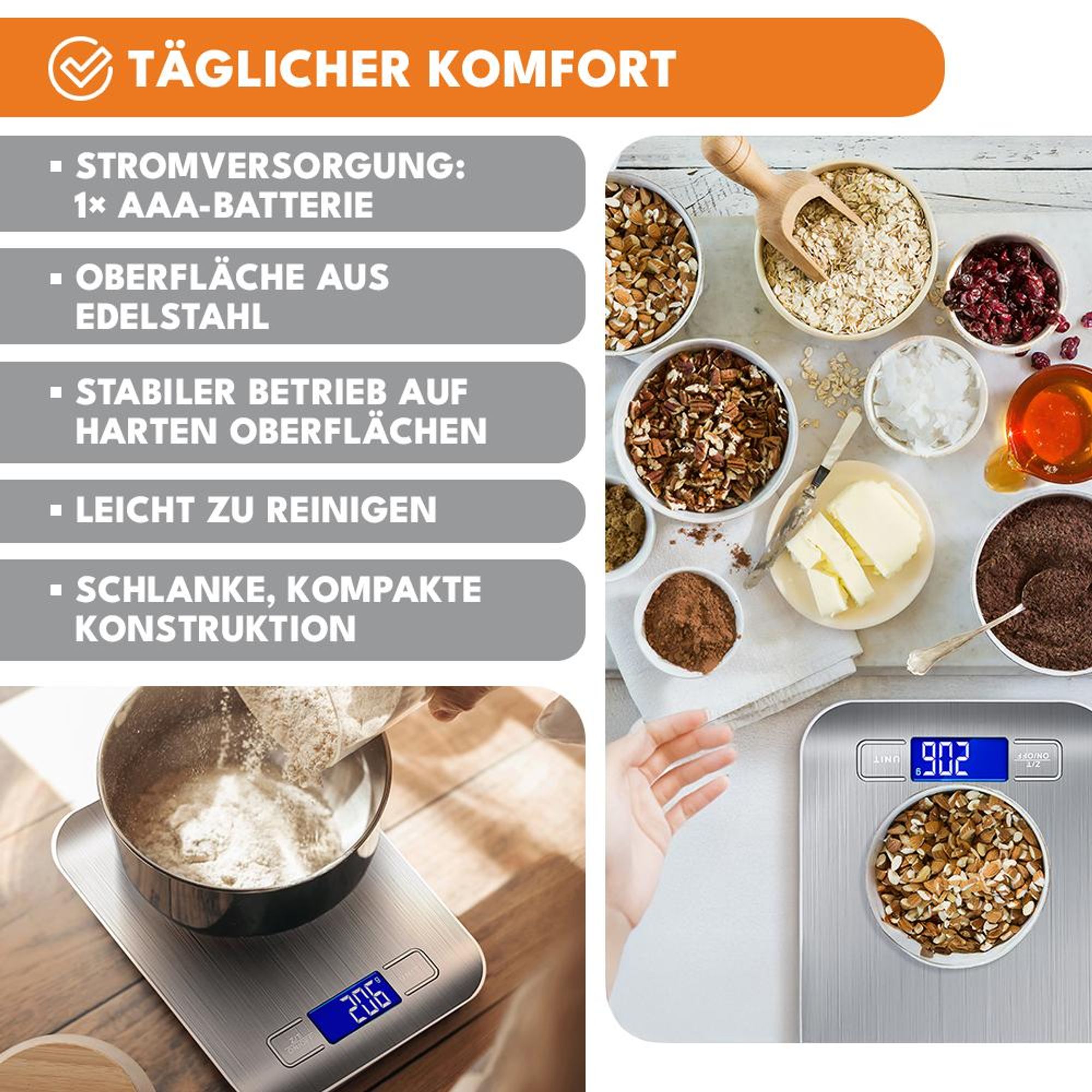 KRUMAD Digitale Küchenwaage 1 g–5 kg – Präzise Grammwaage mit Edelstahloberfläche & LCD Display – Kompakte Lebensmittelwaage für Küche, Backen, Kaffe