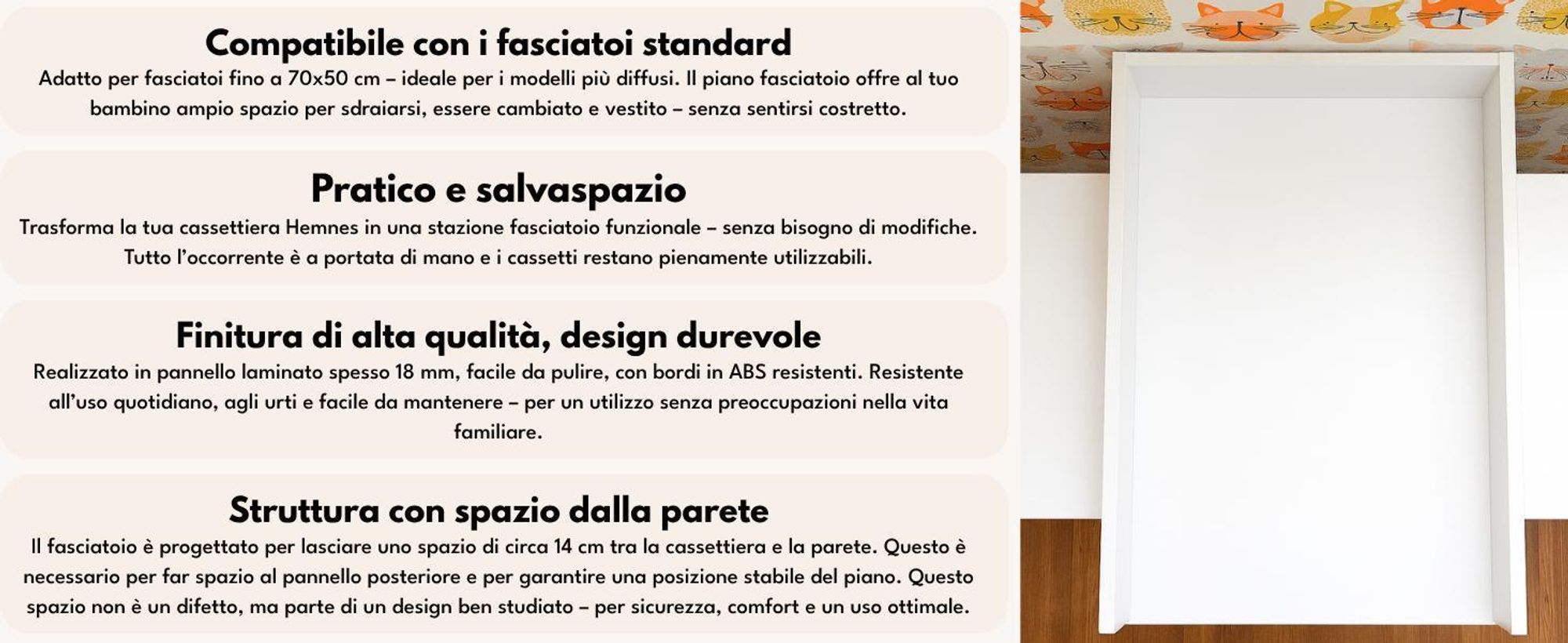 piano fasciatoio regalik per Malm di IKEA, Piano fasciatoio per cassettiere da 48 cm, Piano fasciatoio rimovibile, Pannelli frontali arrotondati, Rosa, 72cm x 54cm