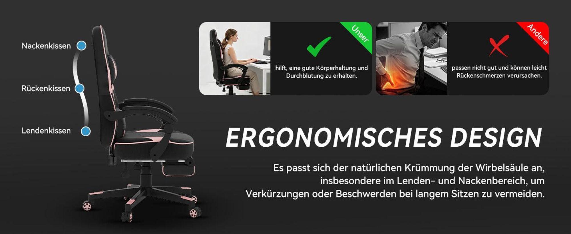Puluomis Gaming Stuhl mit Massage und Fußstütze 150kg, Bürostuhl Ergonomisch Chefsessel Schreibtischstuhl Racing Stuhl Computerstuhl Rosa Pink Schwarz