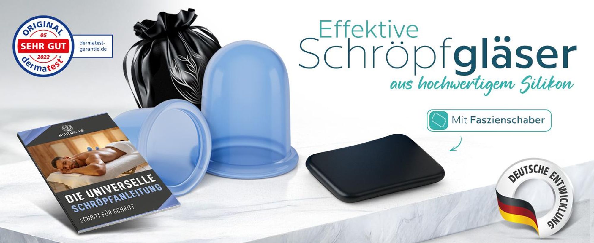 Kurglas Schröpfset Silikon mit e-Book & DERMATEST Note 1 – Schröpfgläser [2 Stk.] – Effektives Schröpfen mit Faszienschaber – BPA freies Schröpfglas