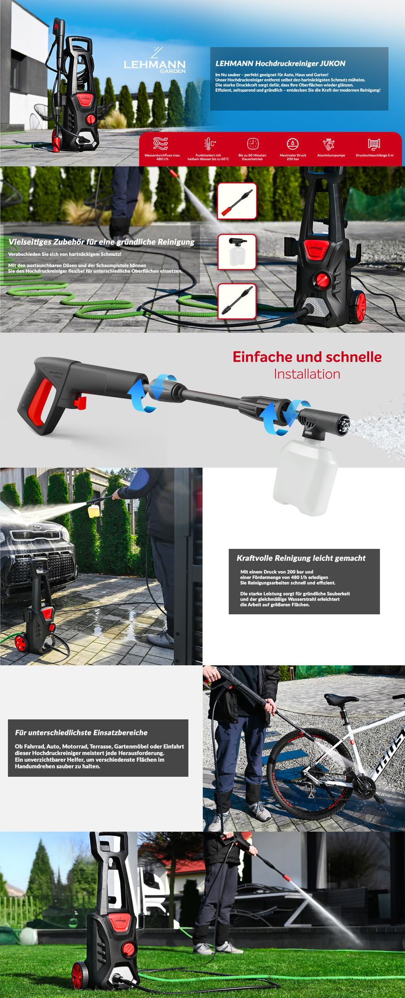 Lehmann Hochdruckreiniger mit Alu-Saugpumpe, 480 l/h Fördermenge, 1600 W, 5m Hochdruckschlauch, inkl. Reinigungsmittelbehälter
