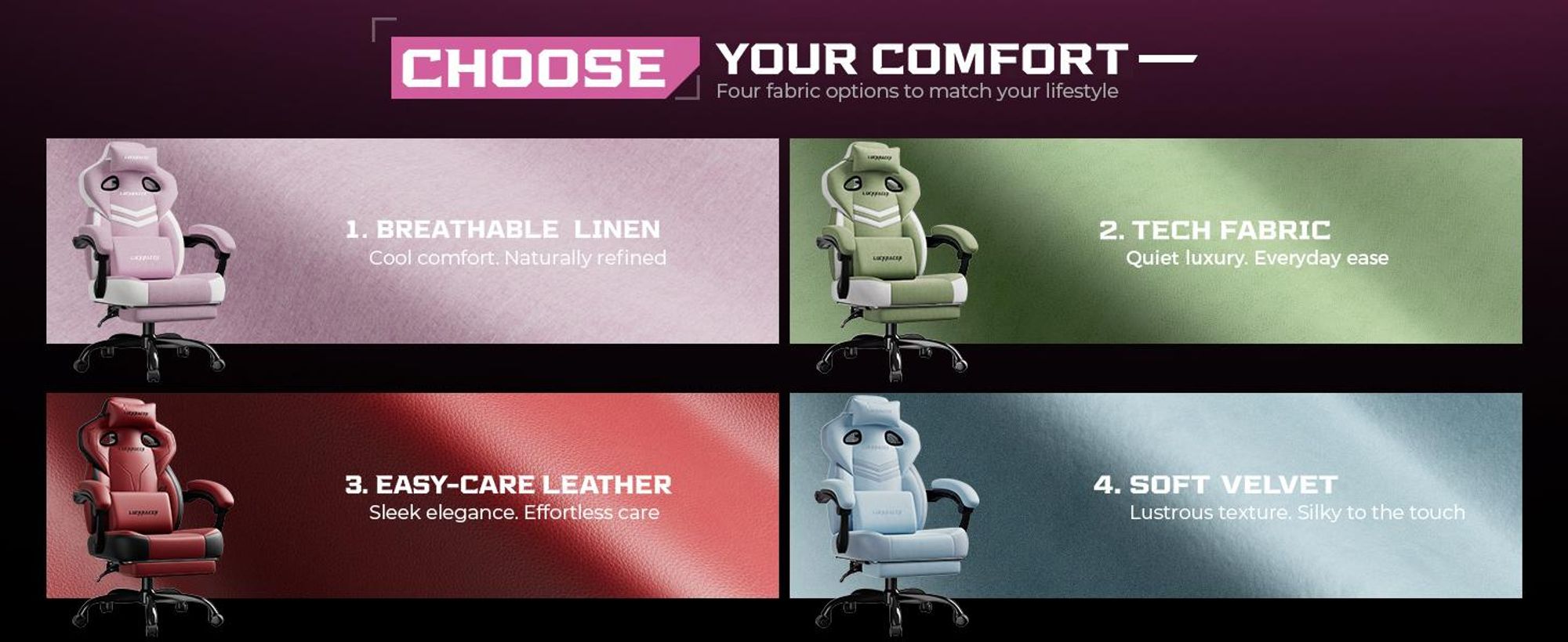 LUCKRACER Gaming stoel, bureaustoel met verbonden armleuningen, memory foam kussens, een kantelbereik van 90–155° en een voetsteun, gemaakt van duurzaam materiaal