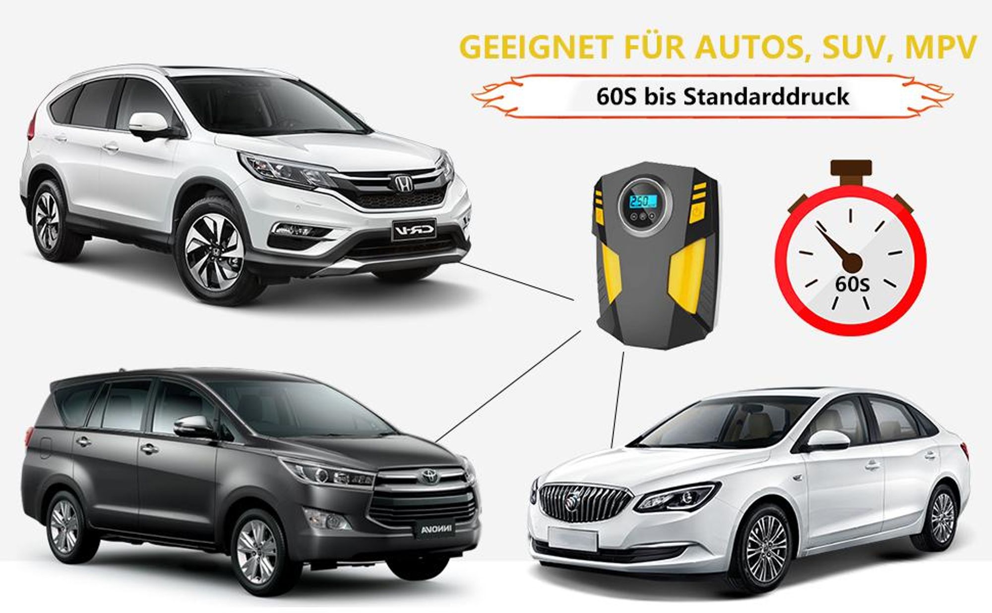 Luftkompressor Autoreifen 12V Netz, 10,3Bar Elektrische Luftpump, Digitaler Anzeige, LED-Leuchte Mini-Kompressor für Auto Fahrrad Bälle 4 Ventile