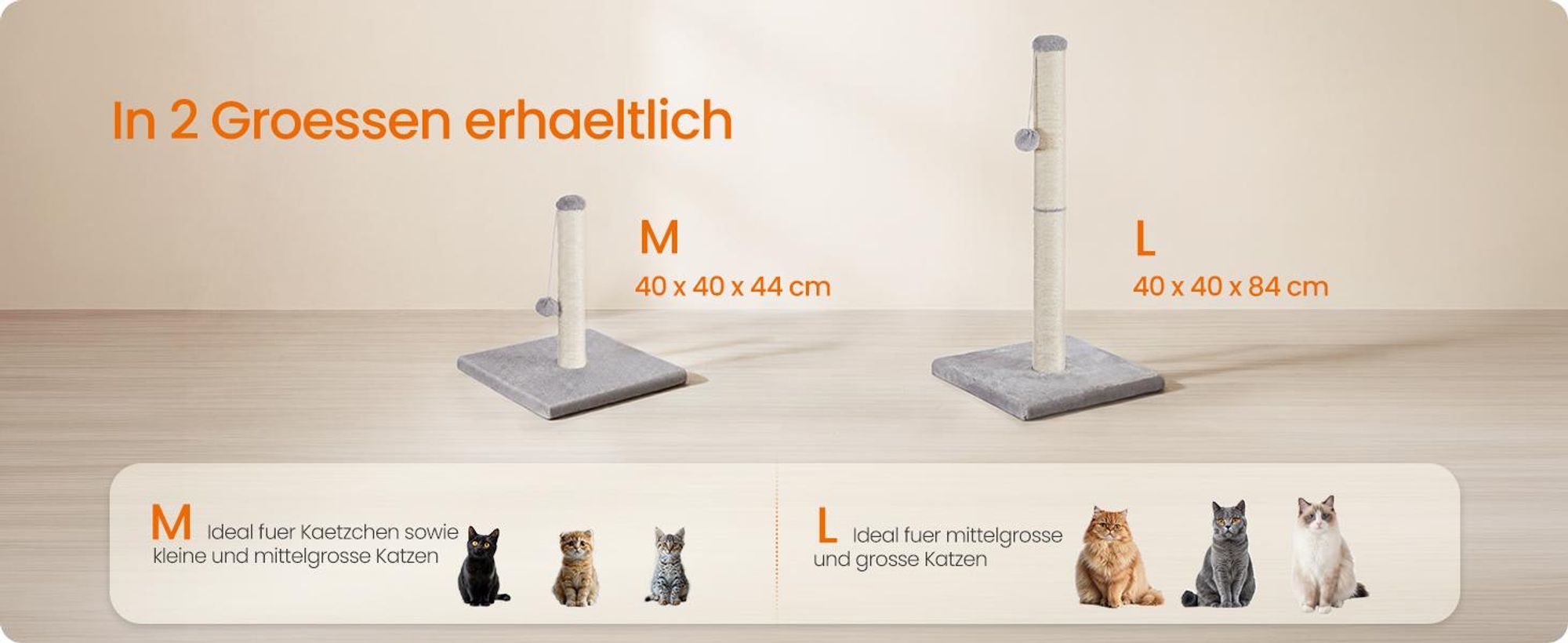 FEANDREA Kratzstamm aus Natursisal, Stabiler Katzenkratzbaum mit Spielzeug für Große Katzen, 40 x 40 x 84 cm, Hellgrau