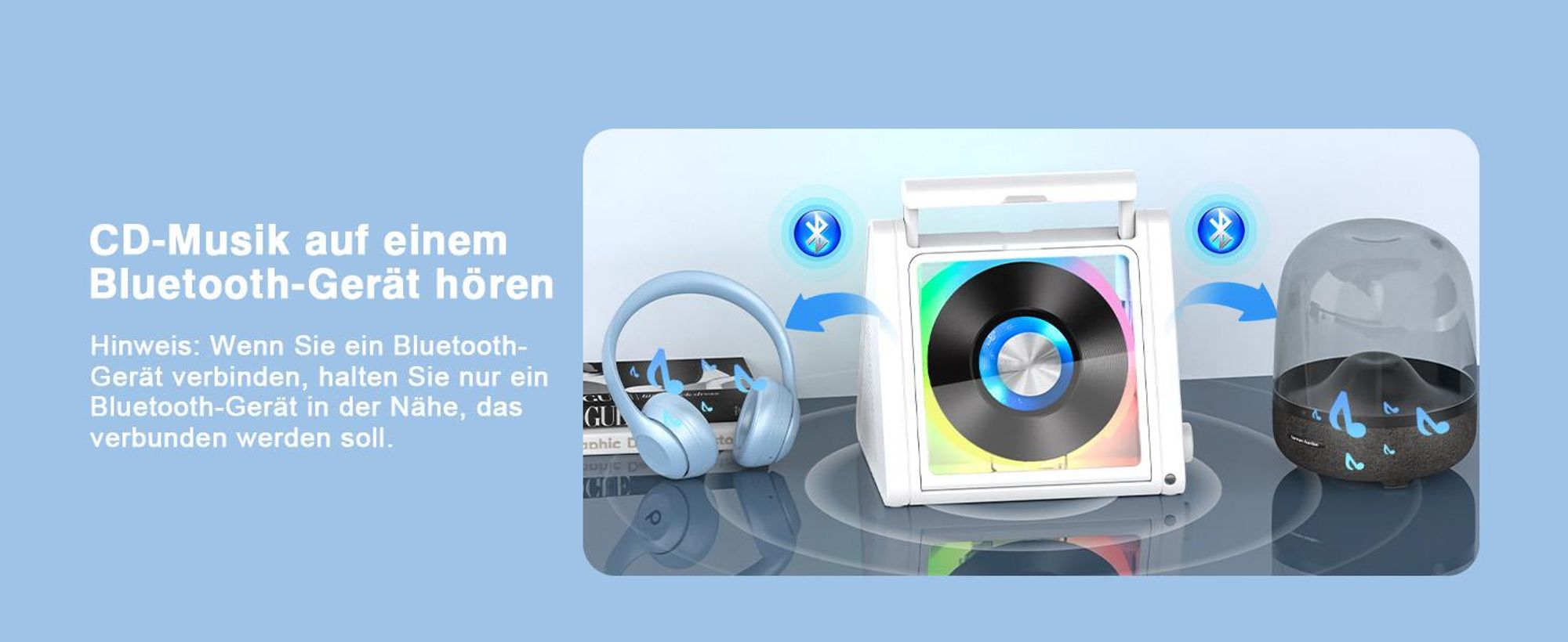 CD Player, Bluetooth CD-Player, FM Radio mit Stereoanlage und Bluetooth 5.3, USB, AUX, Fernbedienung, 2 * 10W-HiFi-Sound-Lautsprecher, RGB-Farbige
