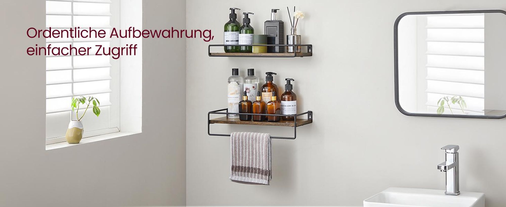 VASAGLE Wandregal, 2er Set, Schweberegal mit Stange, Wandboard, Aufbewahrung, an der Wand, für Küche, Schlafzimmer, Wohnzimmer, vintagebraun-schwarz LWS441B01