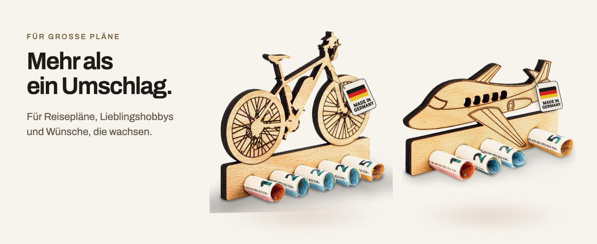 DARO E-Bike und Flugzeug als dekorative Geldscheinhalter aus Holz