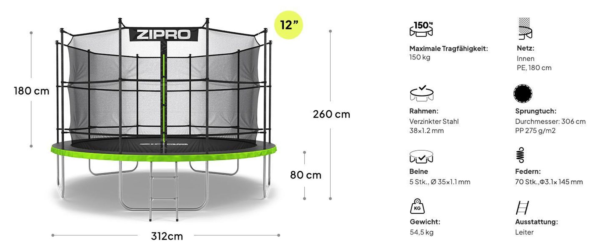 ZIPRO Trampolin Jump Pro IN | 12FT Ø 374 cm | Gartentrampolin Kindertrampolin Komplett-Set inkl. Innennetz, Leiter & Randabdeckung, Outdoor, Grün