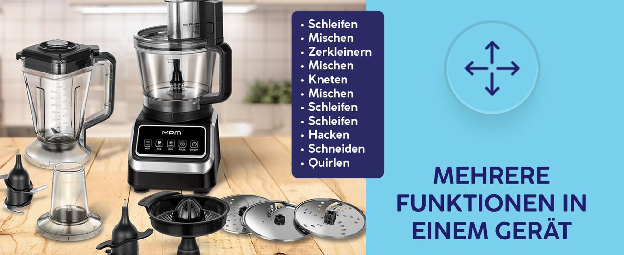 MPM Küchenmaschine 2000W Food Processor 11in1 Mixer Blender Zerkleinerer Reibe Entsafter Eiscrusher 2,6L 1,5L, Kartoffelpuffer, Edelstahl MRK-27