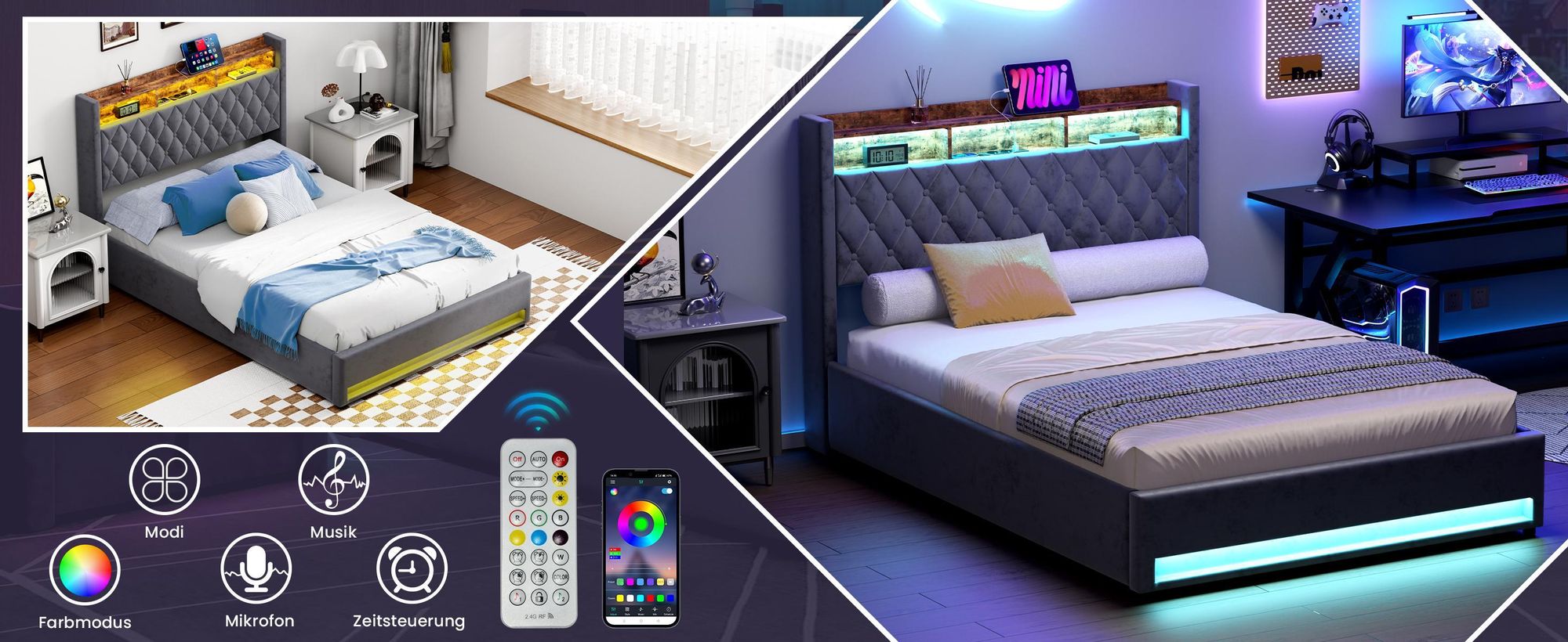 MODFU Boxspringbett 140×200 mit bettkasten,Polsterbett mit Stauraum,Funktionsbett mit USB-Anschluss & LED-Licht,Sicheres Design mit gepolsterten Kanten