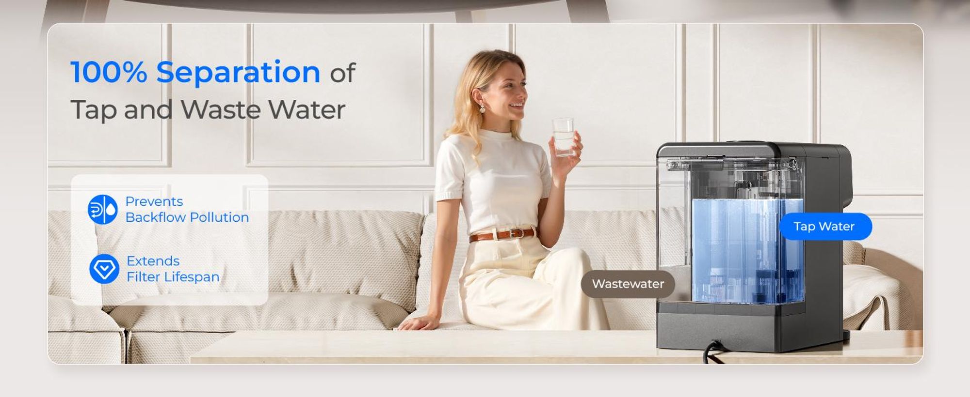 Waterdrop M6HG Sofort-Heißwasser Umkehrosmose System, 8-Stufiger, 3:1 Reinwasser-/Abwasserverhältnis, 5 Temperaturstufen, mit Glaskanne