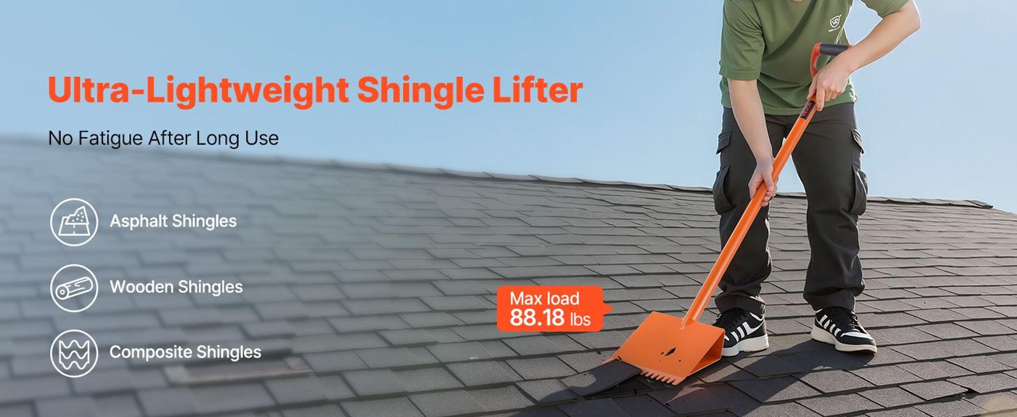 VEVOR Schindelschaufel, 1 Stk., Schindelentferner mit D-Griff, Dachtrenner aus hochhartem 45#-Stahl, Schieferabzieher, leichtes Werkzeug zum einfachen Abreißen von Dachpappe & Nägeln, Orange