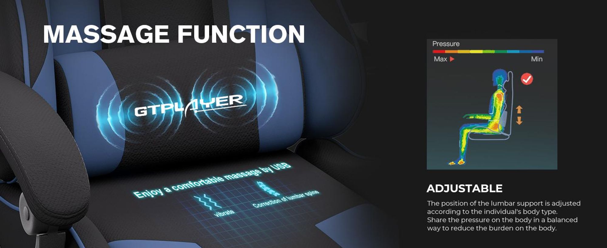 GTPLAYER Fotel biurowy Fotel do gier Fotel do gier z tkaniny Ergonomiczny fotel do gier z podnóżkiem, zagłówkiem i poduszką lędźwiową, wyściełany fotel do gier, NIEBIESKI