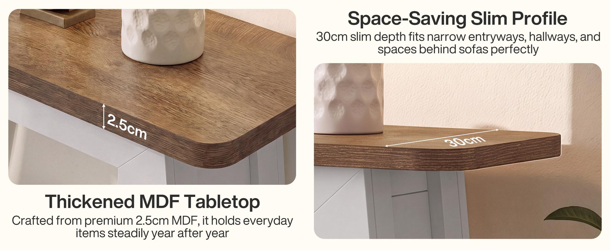 Table console de 160 cm de longueur avec espace de rangement, table d'entrée moderne de style rustique en blanc, pouvant être placée derrière le canapé, avec une étagère ouverte en bois dans la partie inférieure