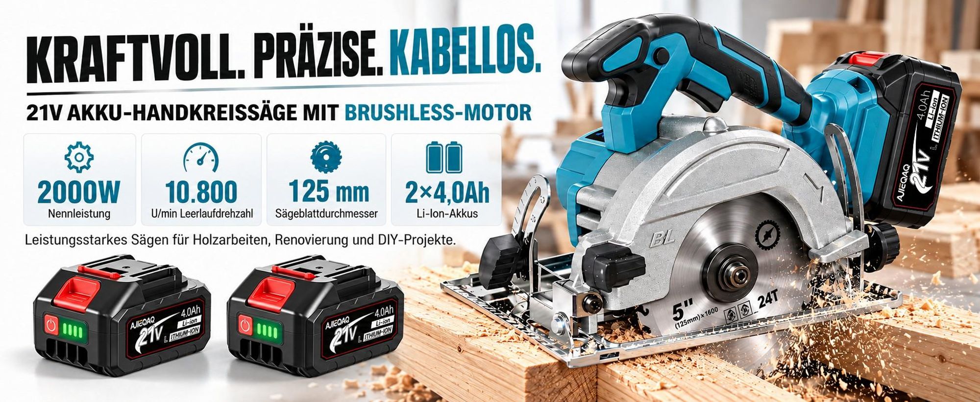 Akku-Handkreissäge 21V 2000W Brushless, 125mm Mini Kreissäge mit 2×4,0Ah Akkus, 10800 U/min, 45mm Schnitttiefe, 0–45° einstellbar, 3 Sägeblätter