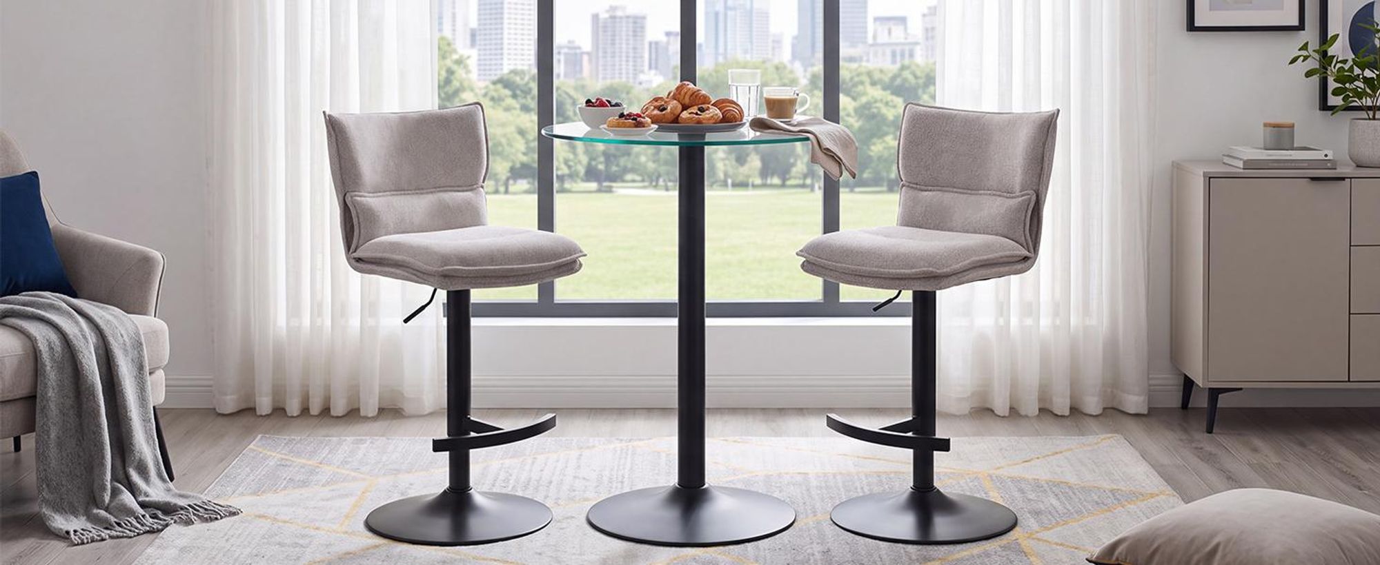 Duhome barkruk, set van 2, in hoogte verstelbaar, draaibaar, bekleed met bouclé, met voetsteun. Geschikt als keukenkruk voor bistro, bar of keuken, kleur: beige