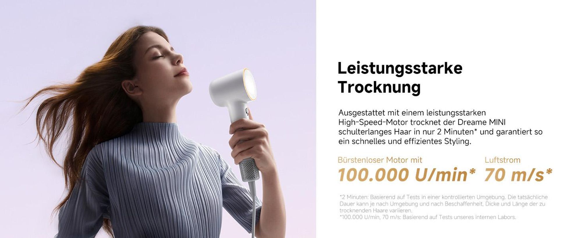 Dreame Mini Haartrockner, Temperaturregelung in 5 Stufen, Kindermodus 40°C, negative Ionisierung, 1200W, schnelle Trocknung 70m/s, 73dB, 270g, weiß