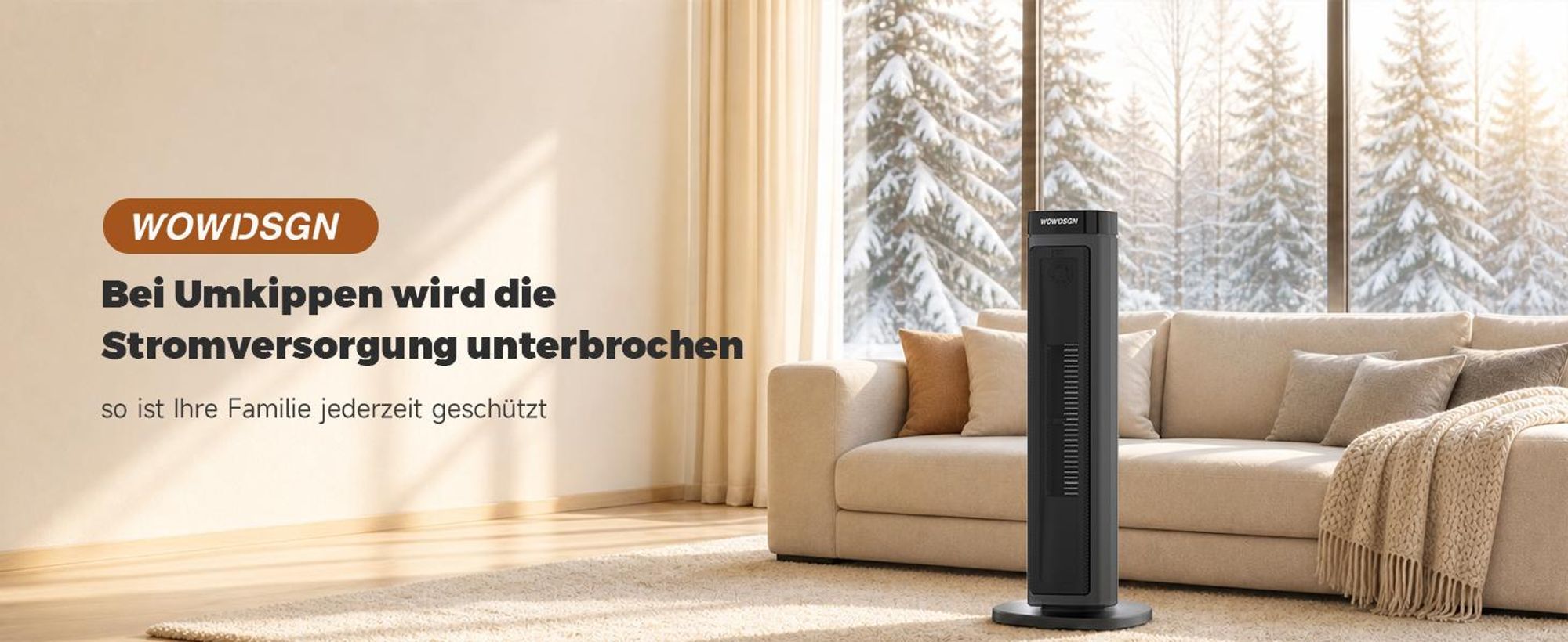 WOWDSGN Keramik-Heizlüfter leise 34dB, energiesparend, 2000W PTC Turm-Heizgebläse, Thermostat, ECO-Modus, Oszillation, Fernbedienung, Schwarz