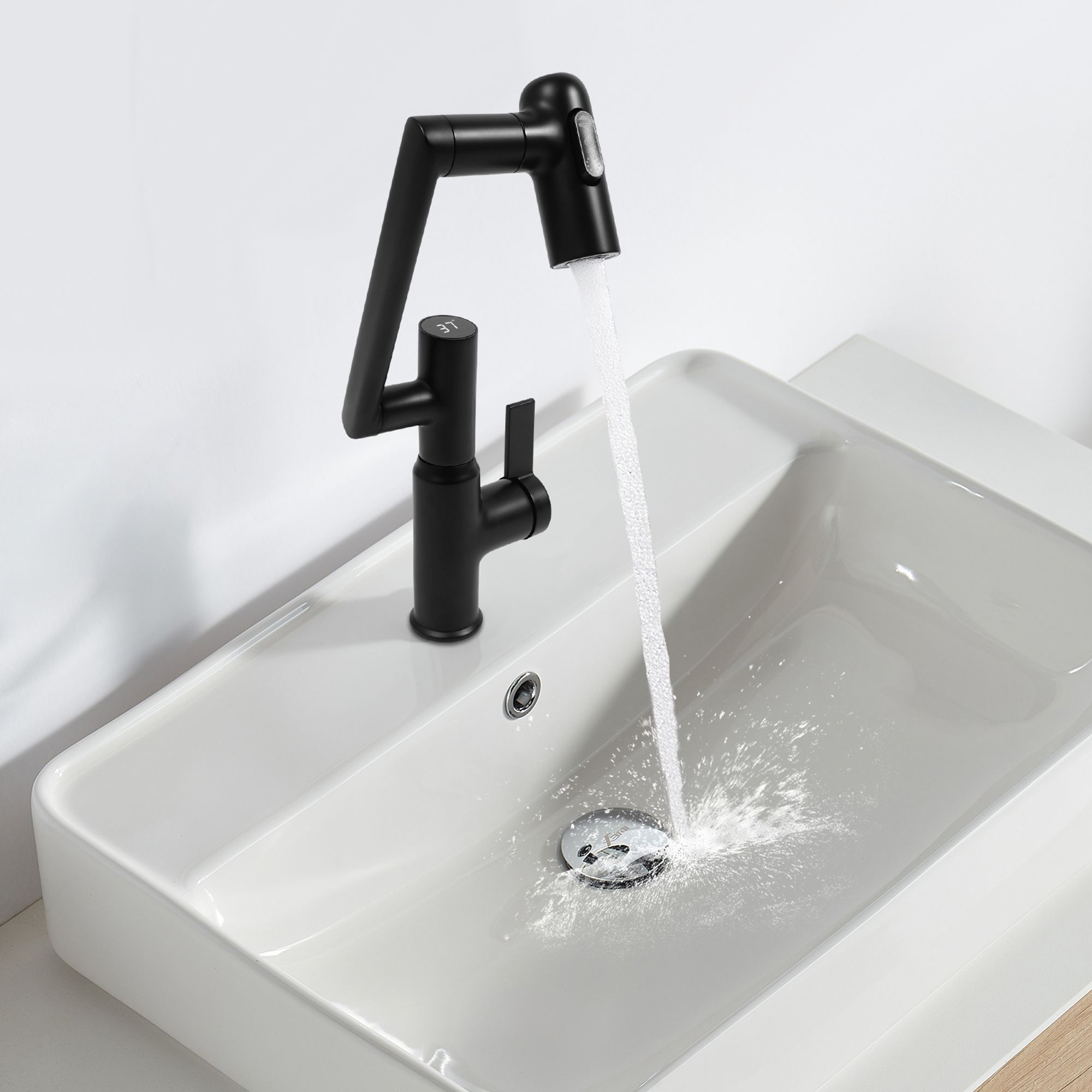 3 Modi Messing Wasserhahn mit LED-Temperaturanzeige 360 ° drehbar Schwarz für Küche Bad