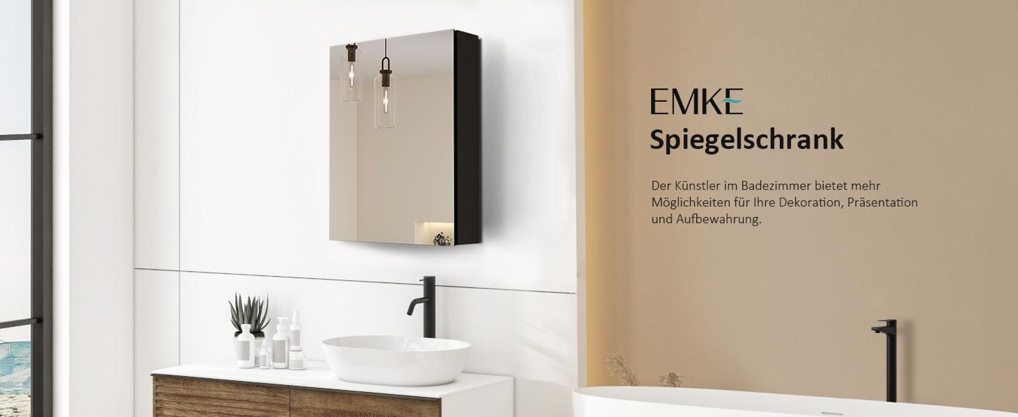EMKE Spiegelschrank Mattschwarz, 50x65x14,5 cm Aluminium Einzeltür und Verstellbares Glasregal Soft-Close Badezimmerspiegelschrank