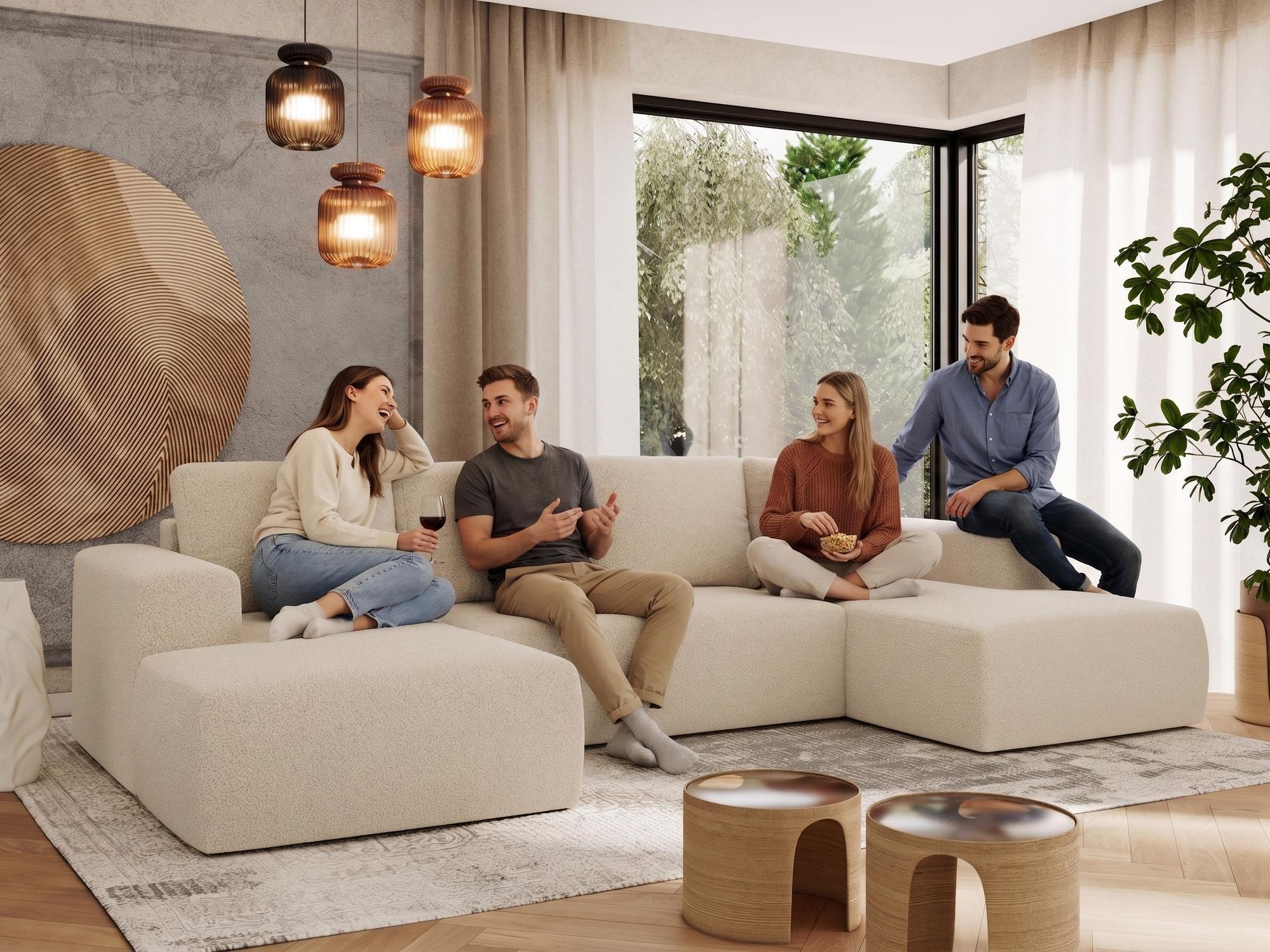 Familie entspannt gemeinsam auf braun Ecksofa im hellen Wohnzimmer.