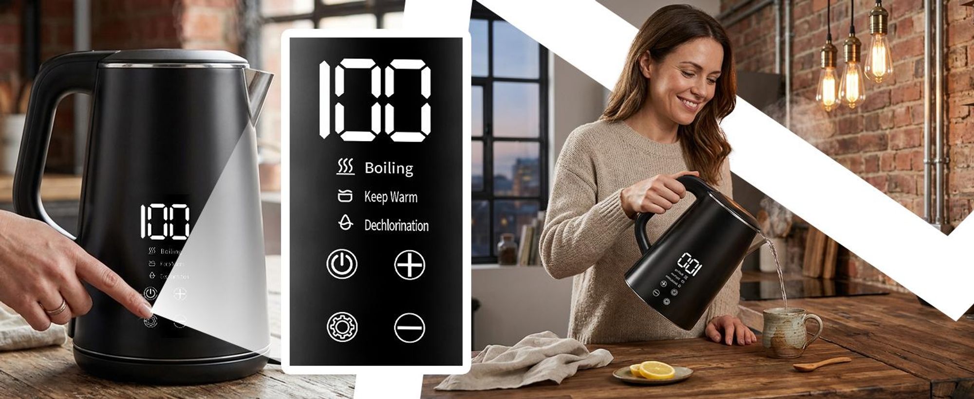 Wasserkocher 1,6L mit Temperaturregelung, Edelstahl, 1500W, Warmhaltefunktion und Touchpanel, Schwarz, LED-Anzeige, BPA-frei, Überhitzungsschutz-Retoo