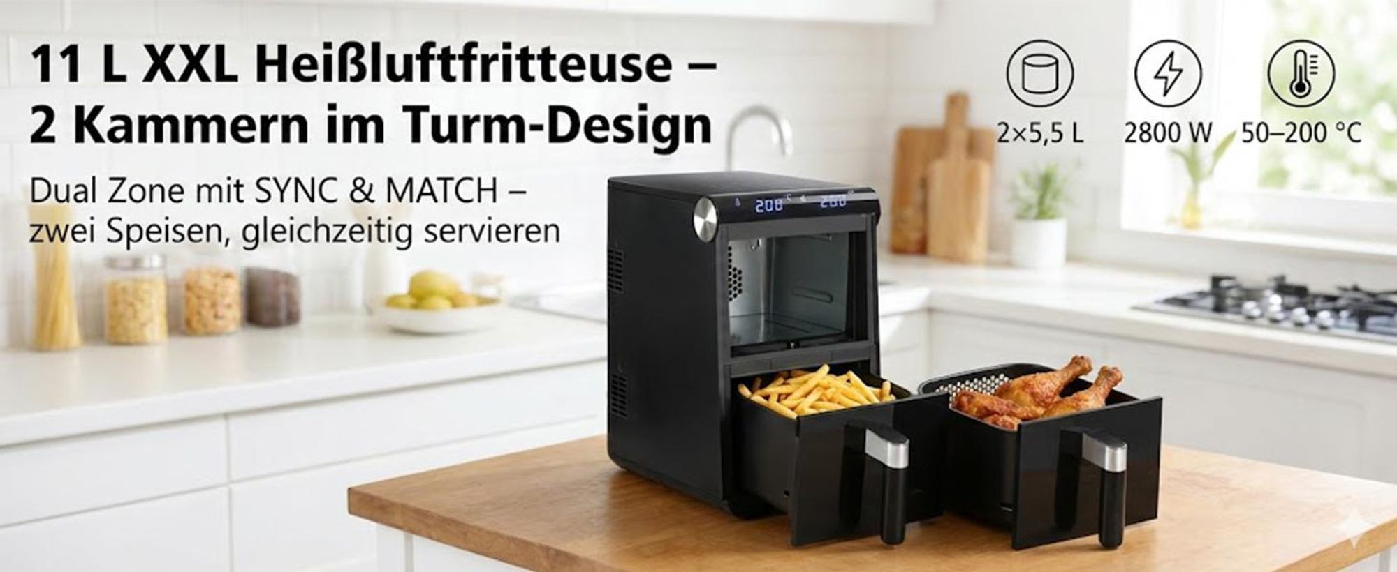 ZMH Heißluftfritteuse Airfryer 2 Kammern 11L 3in1 Air Fryer Dual Zone Doppelkammer übereinander 2800W Heissluftfritteuse mit Touchscreen & Timer