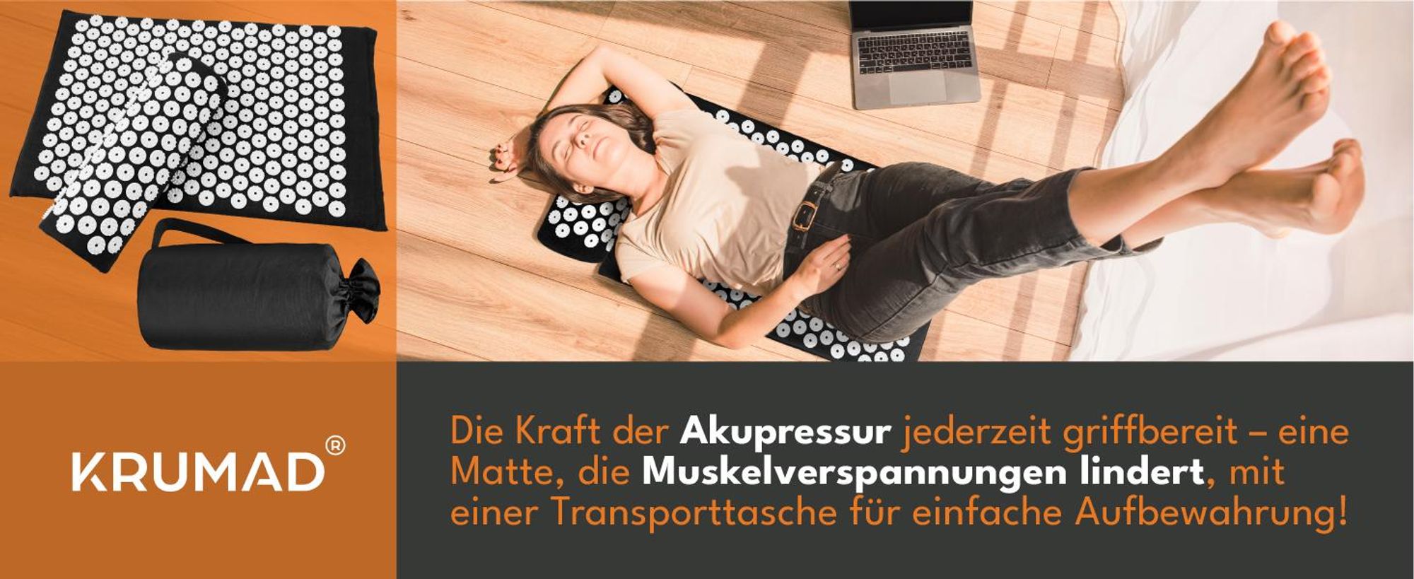 KRUMAD Akupressurmatte Set mit Kissen, 60 x 40 cm, inkl. Tasche, für Rücken, Nacken und Entspannung, Stachelmatte, Fakirmatte für Wellness Zuhause