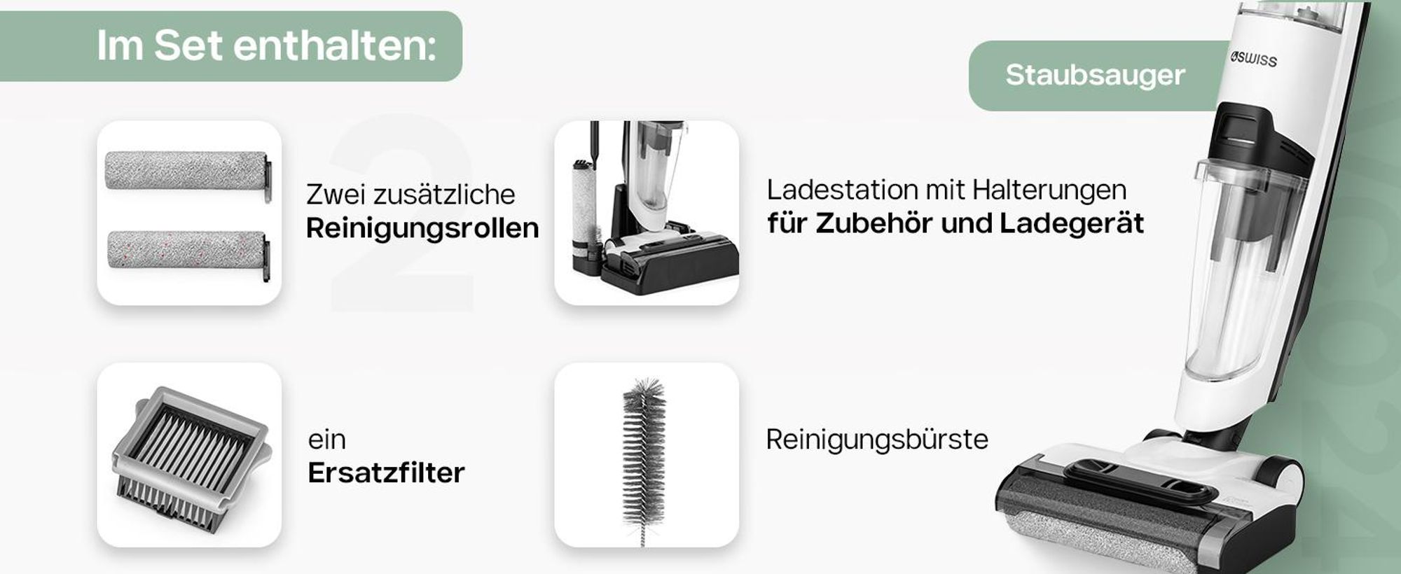 4Swiss VC024 Clean Booster Wischsauger Kabellos Nass & Trockensauger 15000 Pa - Akkusauger mit Wischfunktion Selbstreinigung Smart Saugwischer