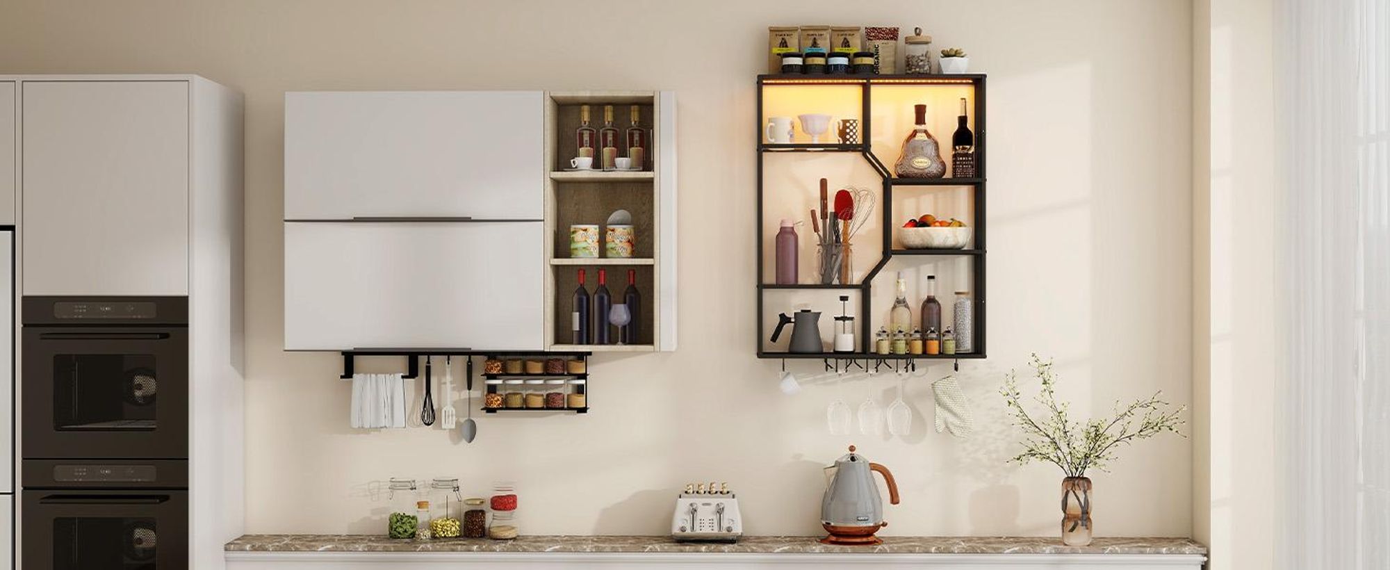 Puluomis Weinregal LED Wandregal 100cm mit RGB-Beleuchtung, App-Steuerung, Beleuchtetes Regal, Sicherheitsglas, 2 Tassenhalter, Weinglashalter schwarz