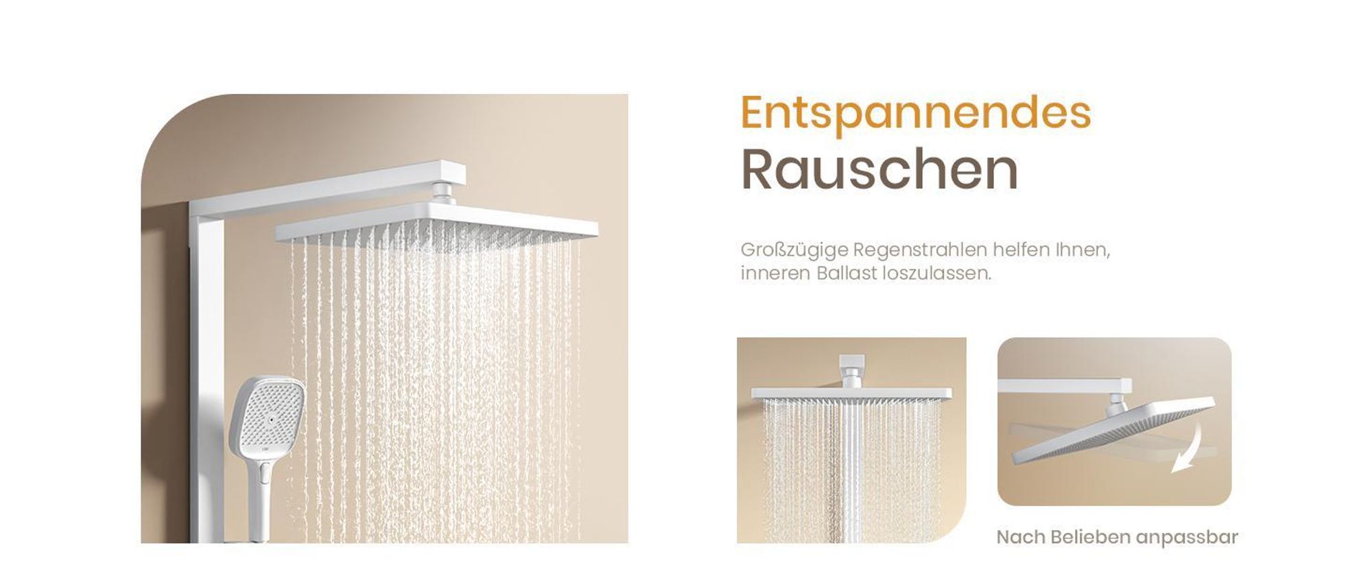 EMKE Duschsystem mit Thermostat prämiertes Design Duschsäule Weiß 360×240mm eckiger Regendusche, Wassermengenregler, Badewannenauslauf F29