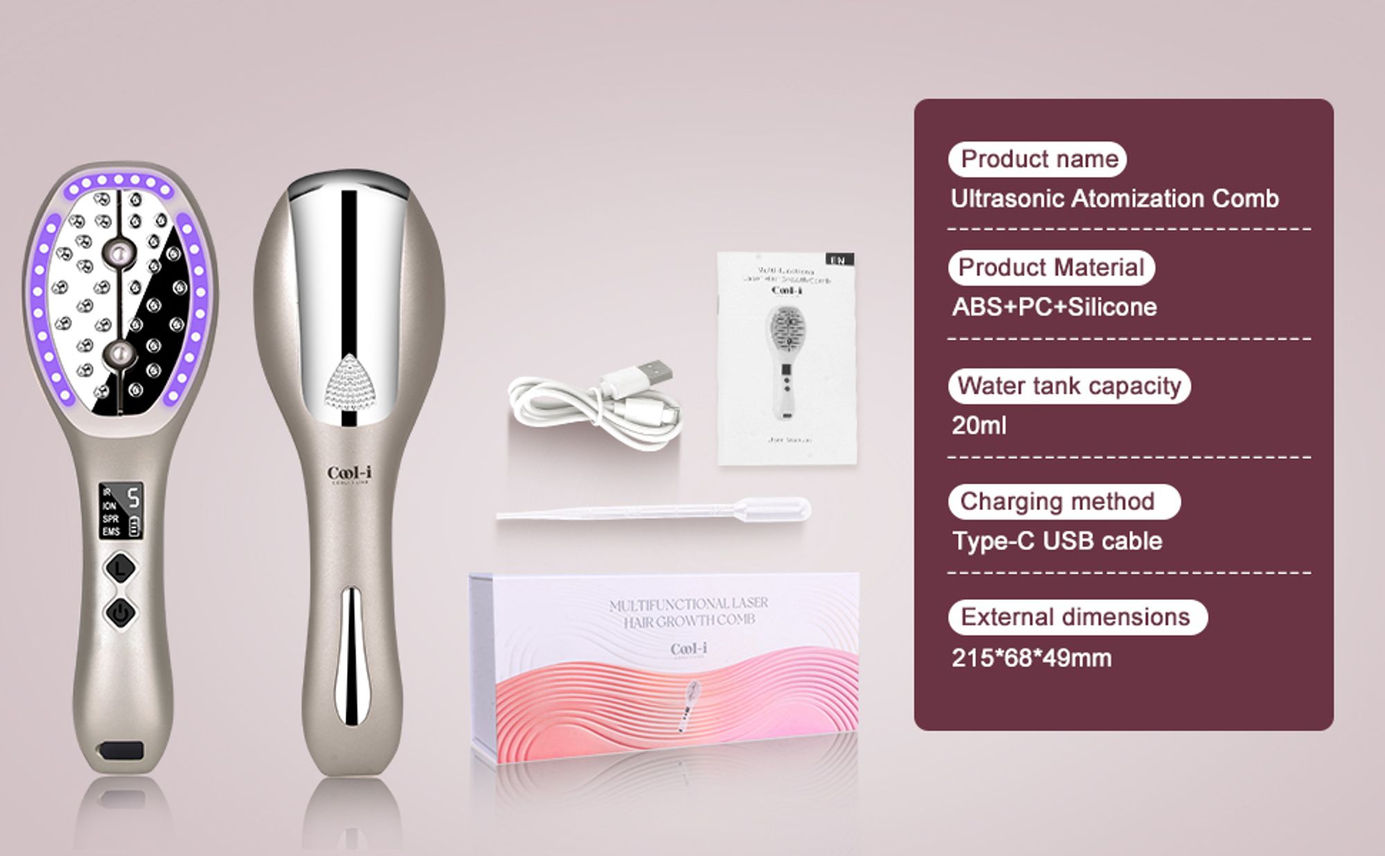 Cool-i® 5-in-1 Kopfhautpflegebürste – LED, Infrarot, EMS, Ionen & Nebel-Vibration – für ergänzende Kopfhautpflege in Champagnergold.