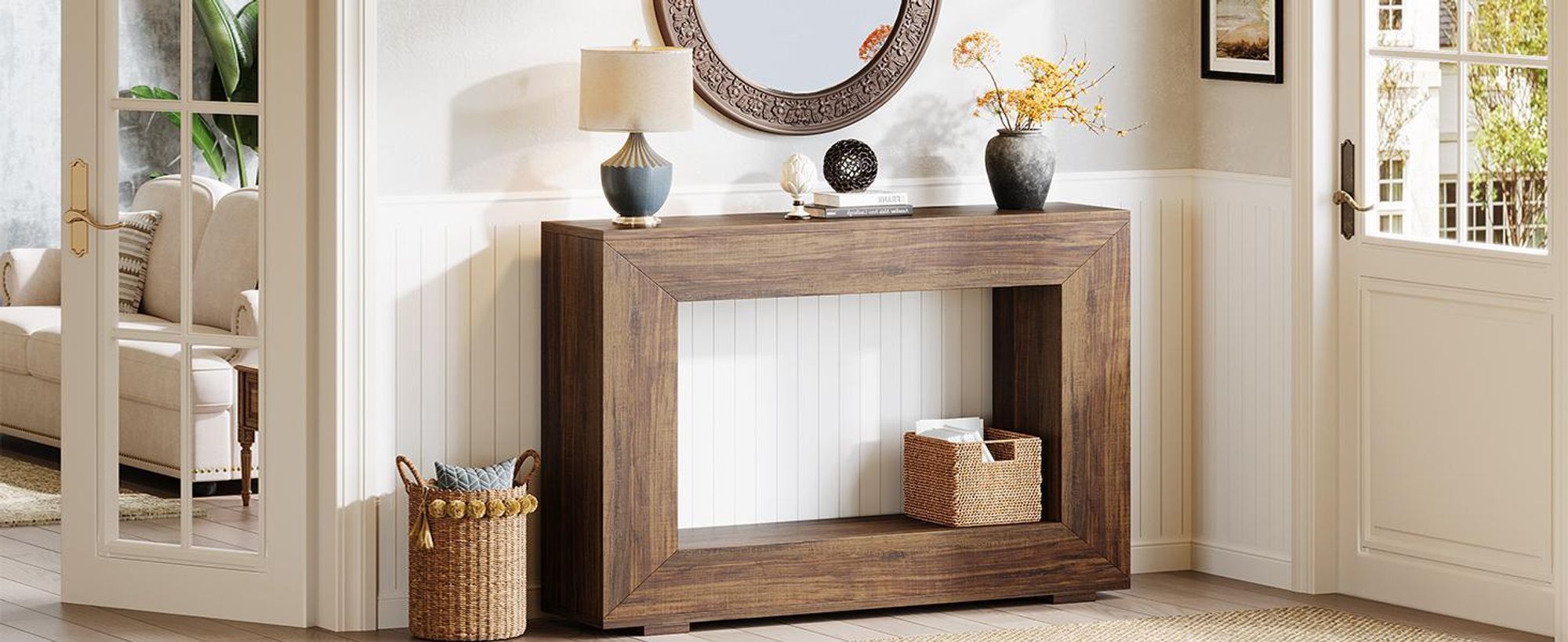 Kleine console tafel, bijzettafel, haltafel, salontafel voor kleine ruimtes, console tafel met opbergruimte voor de hal, gang, woonkamer, bruin