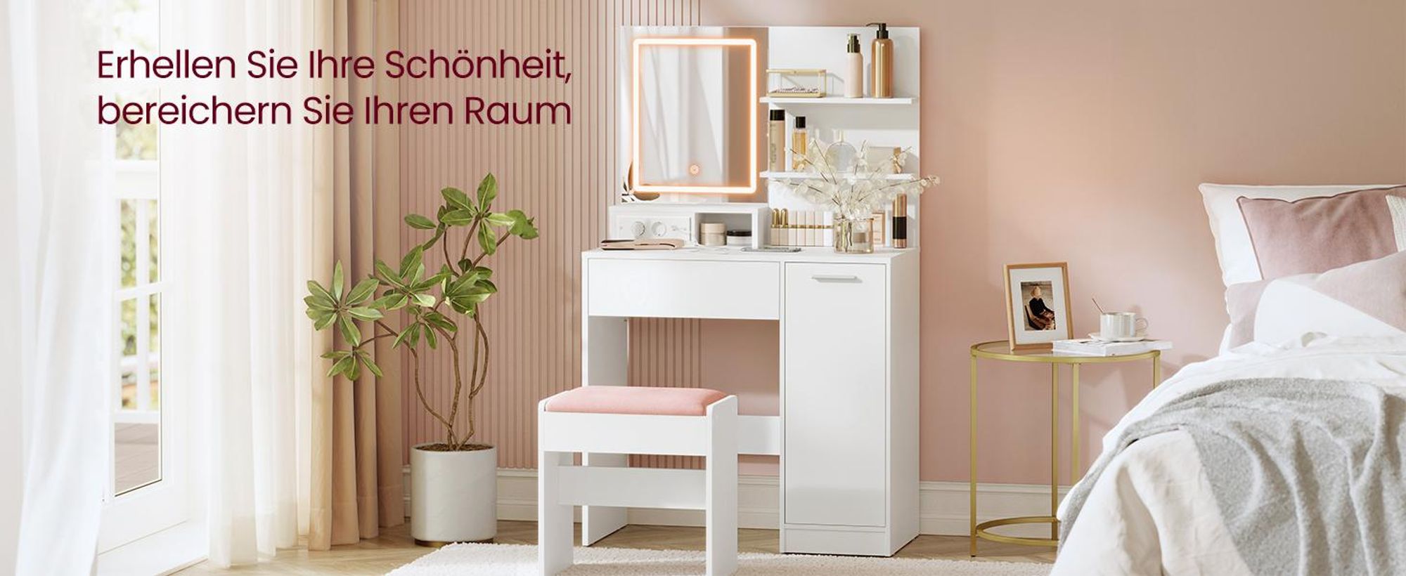 Schminktisch, Spiegel mit LED-Licht, integrierte Steckdosenleiste, Frisiertisch
